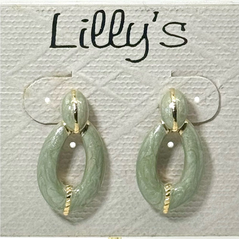 Vintage Gold & Mint Enamel Drop Earrings by Lilly’s - Classic & Elegant Design